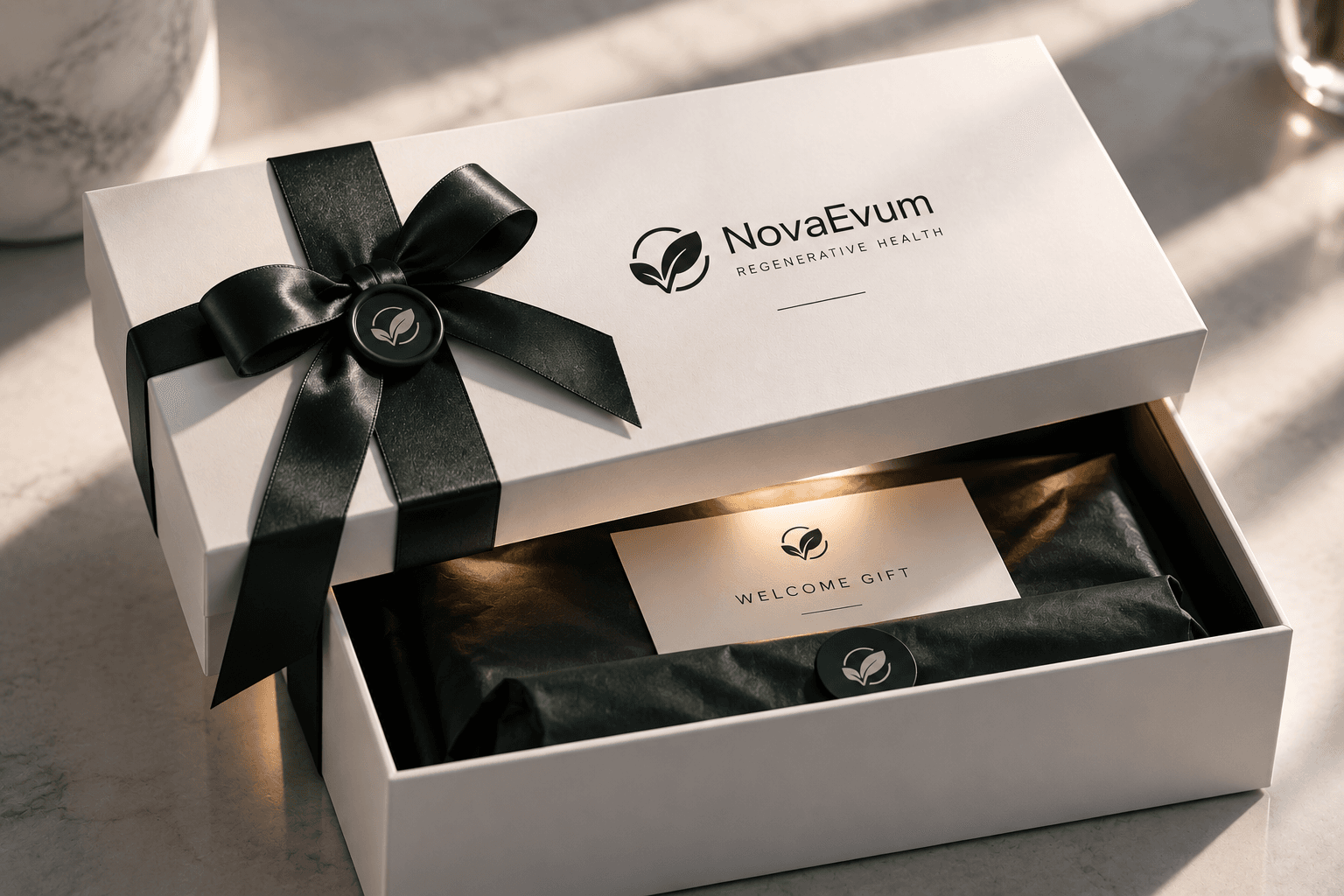 NovaEvum welcome gift box with a dark ribbon, welcome card, and wrapped extras inside